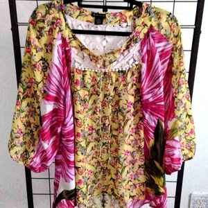 FLoral Pink and Yellow Women's Top. Size L